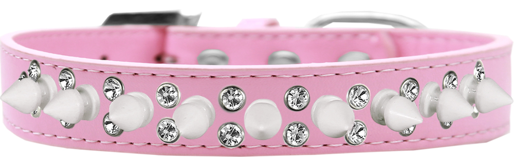 Double Crystal and White Spikes Dog Collar Light Pink Size 14